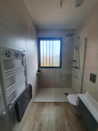 un bagno con doccia, lavandino e finestra di Duplex neuf T3 terrasse et jardin proche plages a Pietrosella