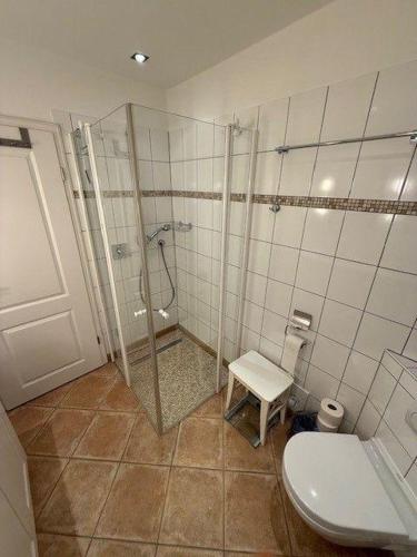 a bathroom with a shower and a toilet at Haus-Sonnenschein in Tinnum