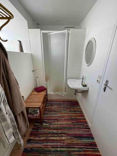 une salle de bain avec douche et lavabo dans l'établissement Maison cosy, à Larmor-Baden