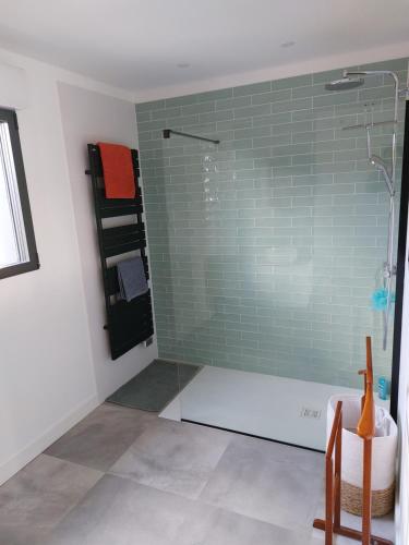 Un baño con ducha con pared de cristal. en Île Grande, Location maison saisonnière chez Dom et Cathy C, en Pleumeur-Bodou