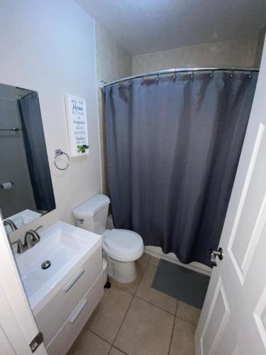 a bathroom with a toilet and a shower curtain at LUXURIOUS COZY STUDIO. in Tampa