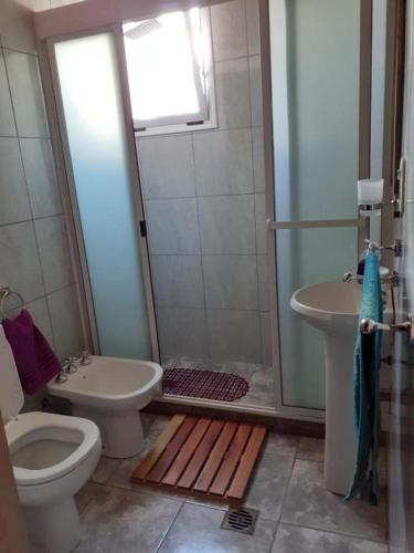 a bathroom with a shower and a toilet and a sink at Oasis Jadranca in Mendoza