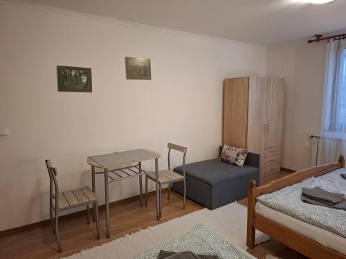 a bedroom with a bed and a table and a chair at Emma vendégház in Sárospatak