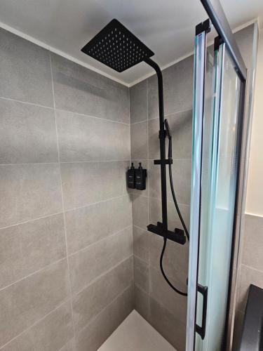 une douche avec pommeau de douche dans une salle de bain dans l'établissement Studio tout confort proche gare et centre-ville, à Strasbourg
