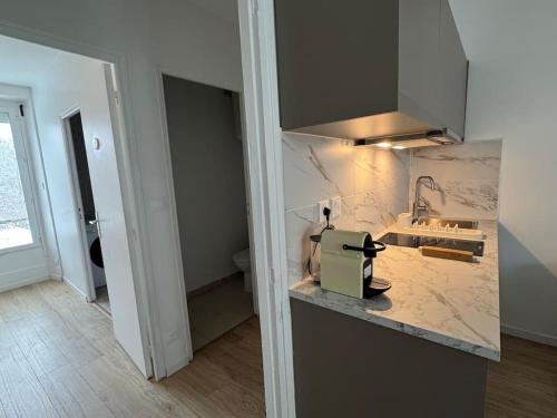 - une cuisine avec un comptoir, un évier et une cuisinière dans l'établissement Appartement 1 Chambre Proche Paris & Versailles, à Les-Loges-en-Josas