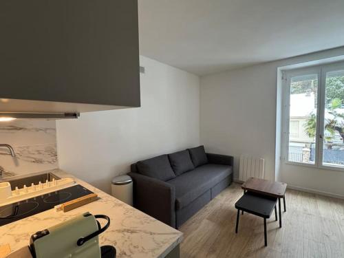 une cuisine et un salon avec un canapé et une table dans l'établissement Appartement 1 Chambre Proche Paris & Versailles, à Les-Loges-en-Josas