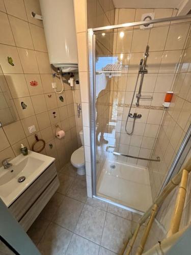 une salle de bain avec une douche, des toilettes et un lavabo dans l'établissement La cabane de Lili, à Lapalud