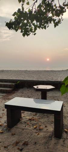 a bench on the beach with the sunset in the background at Emmanuals beach house in Alleppey