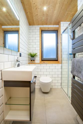 une salle de bain avec un lavabo et des toilettes dans l'établissement Well located stylish 1 bed apartment, à Morzine