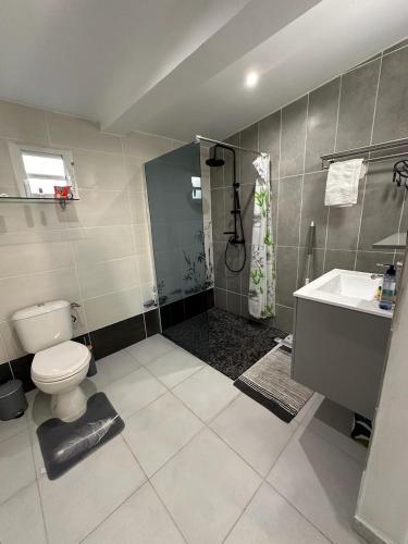 a bathroom with a toilet and a shower and a sink at Maison La Surprise in Saint-Leu
