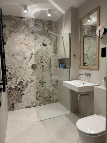 a bathroom with a shower and a sink and a toilet at CzorsztynLakePL in Kluszkowce