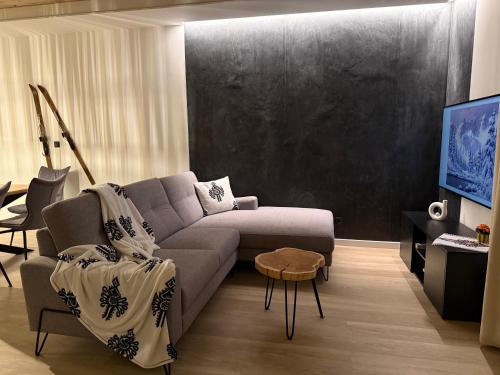 a living room with a couch and a tv at CzorsztynLakePL in Kluszkowce