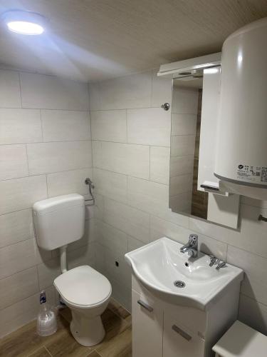 a white bathroom with a toilet and a sink at Vikend kuce i odmaraliste JuliE etno - Sarajevo Jahorina in Tvrdimići