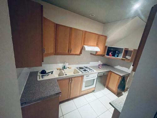 Elle comprend une petite cuisine avec des placards en bois et un évier. dans l'établissement Maison D'hôte CANCLAUX, à Nantes