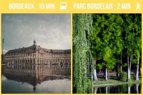 deux photos d'un grand bâtiment avec de l'eau et des arbres dans l'établissement Studio Cosy avec balcon au centre de Bordeaux, à Le Bouscat