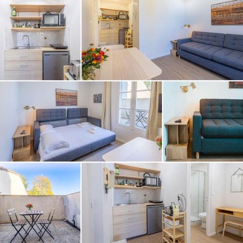 un collage de photos d'un salon et d'une chambre dans l'établissement Studio Cosy avec balcon au centre de Bordeaux, à Le Bouscat