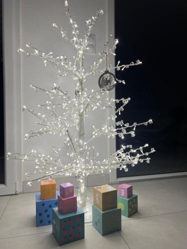 Un arbre de Noël blanc avec des cadeaux sous lui dans l'établissement Oasis tout confort à Bergheim, Alsace, à Bergheim