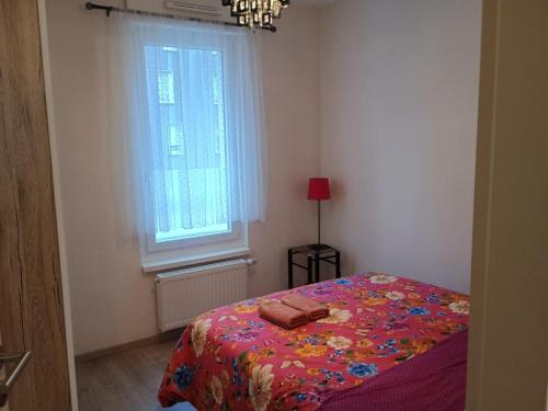 - une chambre avec un lit doté d'une couverture fleurie et d'une fenêtre dans l'établissement Appartement cosy, à Strasbourg