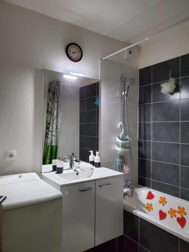 une salle de bain avec un lavabo, une baignoire et un miroir dans l'établissement Appartement cosy, à Strasbourg