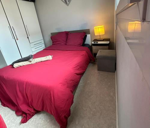 une chambre avec un grand lit avec une couverture rouge dans l'établissement Strasbourg Apartment with parking, à Strasbourg
