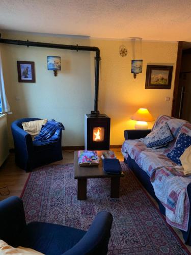 Una sala de estar con un sofá y una estufa. en Casa vacanze Monginevro, en Montgenèvre
