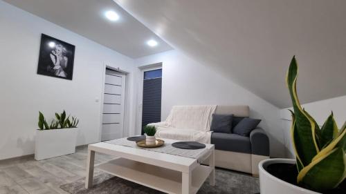 a living room with a couch and a table at Apart Bogi in Szczyglice