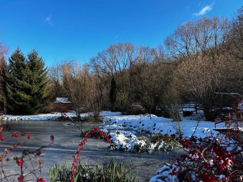 a river with snow on the ground and trees at Palócliget Vendégház in Kétbodony