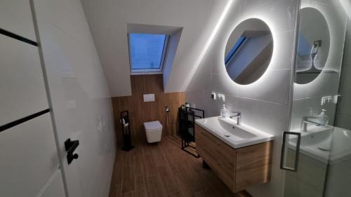 a bathroom with a sink and a mirror at Apart Bogi in Szczyglice