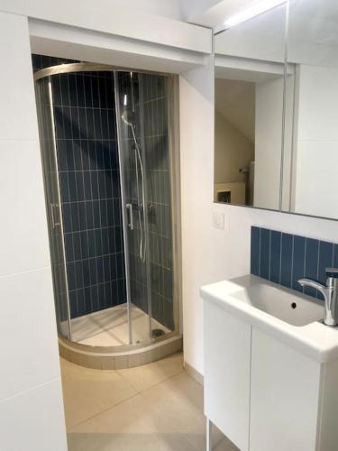 une salle de bain blanche avec une douche et un lavabo dans l'établissement Cosy Cottage by Alice Village Provençal Serenity, à Fuveau