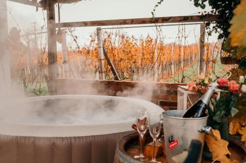 a bath tub with a bottle of wine and glasses at Hiška pri Paulu in Dobrovnik