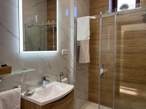 a bathroom with a sink and a glass shower at Csórtok in Lug