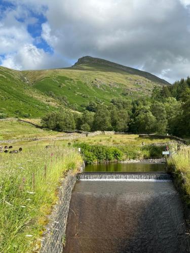 a river in a field with a hill in the background at Stybeck Farm in Thirlmere