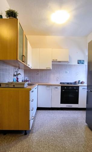 a kitchen with white cabinets and a black oven at Apartments Elena in Ugljan