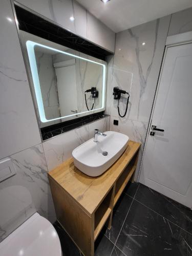 a bathroom with a sink and a mirror and a toilet at NY-GOLDEN APARTMENTS-Dortmund Airport in Dortmund