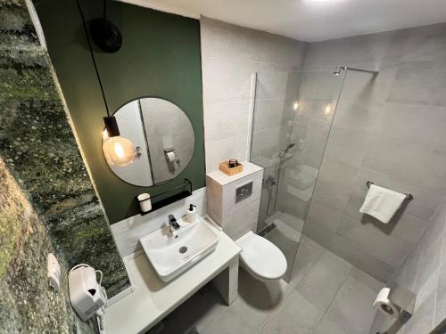 a bathroom with a sink and a mirror and a toilet at Ljubičica in Čačak