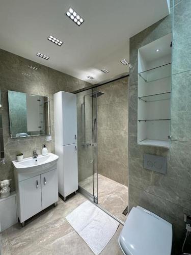 łazienka z prysznicem, toaletą i umywalką w obiekcie Apartament de tip studiu ! w Kiszyniowie