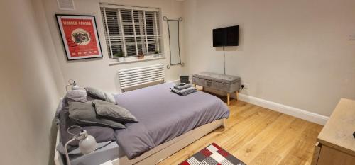 a bedroom with a bed and a television in it at Muswell Hill Apartment FREE PARKING in London