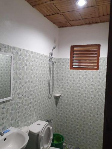 a bathroom with a shower and a toilet and a sink at MarineroTravellers Inn in San Vicente