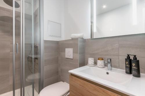 une salle de bain avec toilettes, lavabo et douche dans l'établissement Lachenal - Centre - Navette de ski - Balcon, à Chamonix-Mont-Blanc