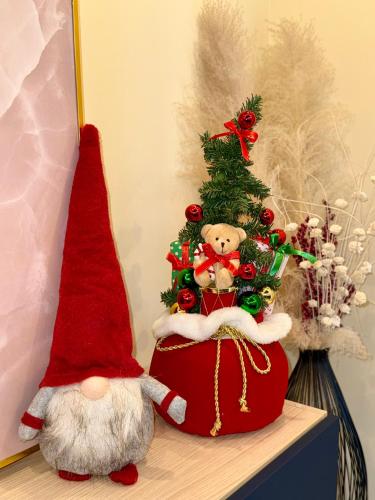 a santa hat sitting next to a christmas tree at Appartement neuf haut standing - jacuzzi à Strasbourg in Schiltigheim