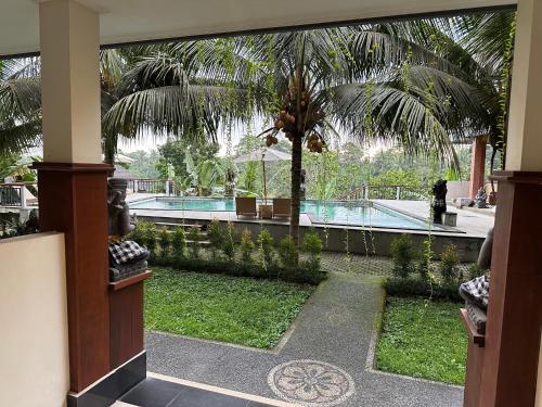 a view of a courtyard with a palm tree and a pool at Brata Cottage Ubud in Ubud
