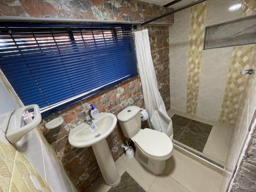 a bathroom with a toilet and a sink and a shower at Olimpo Estadía IBAGUÉ in Ibagué