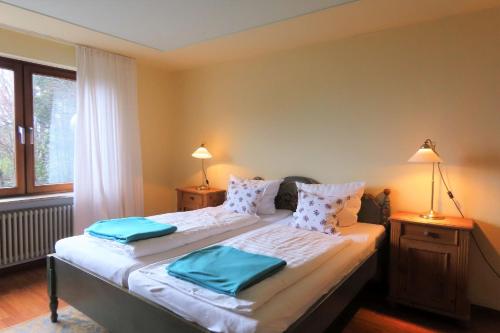 Un dormitorio con dos camas con almohadas azules. en Droste 17 Whg B, en Meersburg