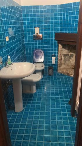 La salle de bains est pourvue de carrelage bleu, de toilettes et d'un lavabo. dans l'établissement Villa Lidia, à Quartu SantʼElena