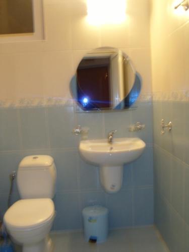łazienka z toaletą, umywalką i lustrem w obiekcie Apartment Orhideya w Słonecznym Brzegu