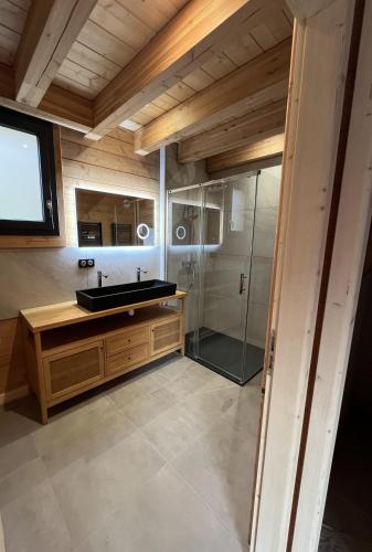 a bathroom with a sink and a glass shower at La Biche in Saint-Martin-sur-le-Chambre