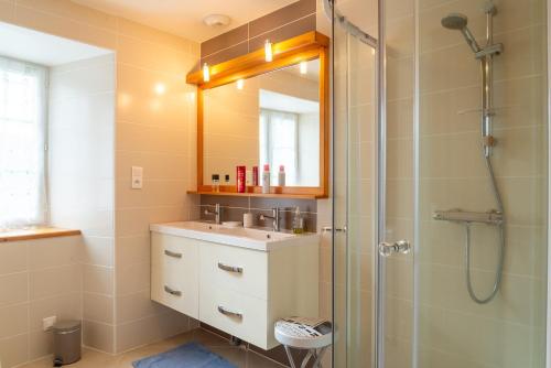 a bathroom with a sink and a shower at Gîte a les rosiers in Chadenet