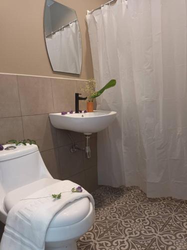 a bathroom with a white toilet and a sink at Hug Udon ฮักอุดร in Udon Thani