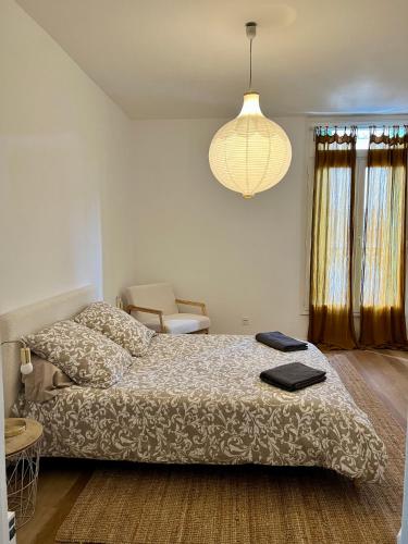 - une chambre avec un lit et une lampe pendant dans l'établissement Bel appart fonctionnel et lumineux en centre ville, clinique et Tram à 5 mn, situation idéale !, à Castelnau-le-Lez