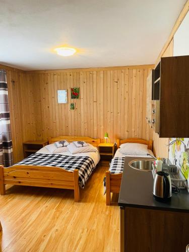 a bedroom with two beds and a sink in it at U Wajdy in Małe Ciche